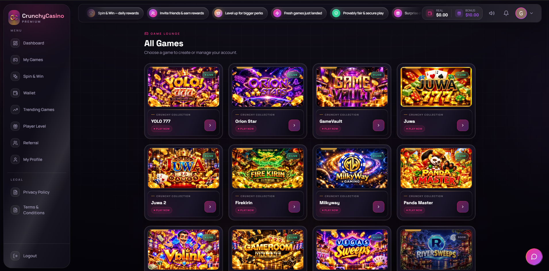 CrunchyCasino gaming dashboard featuring a vibrant game library, colorful casino games, and a premium dark-themed interface.